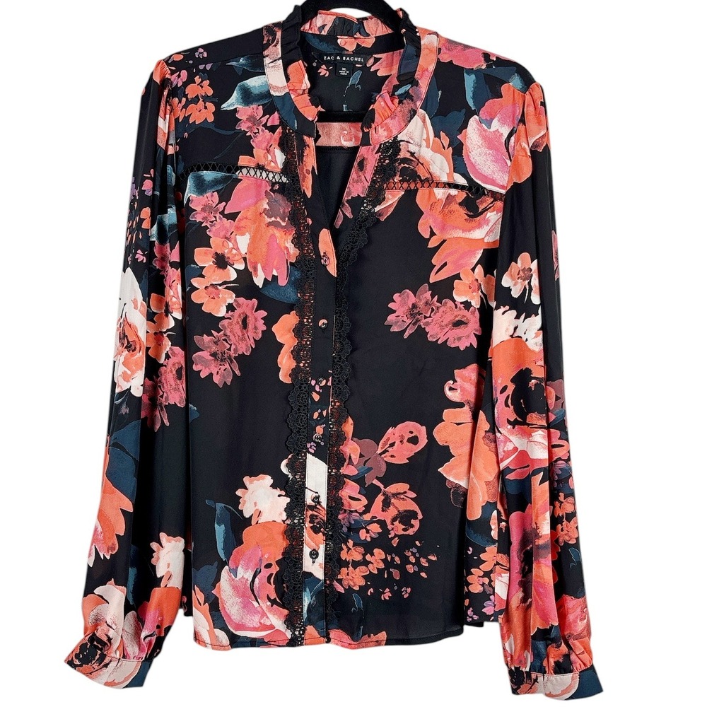 Zac & Rachel Floral Blouse Size XL Black Pink Orange Sheer Button-Up Long Sleeve